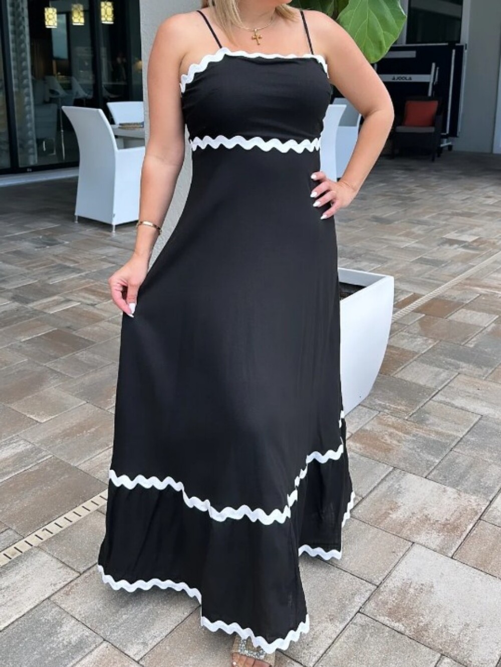 Petal & Pup Black Cotton Maxi Sun Dress with White Ric Rac Trim Spaghetti Straps - Picture 5 of 16